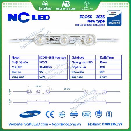 LED hắt 3 bóng Samsung, màu vàng ấm 3000K, 1.2W, hắt sáng chữ nổi, hộp đèn
