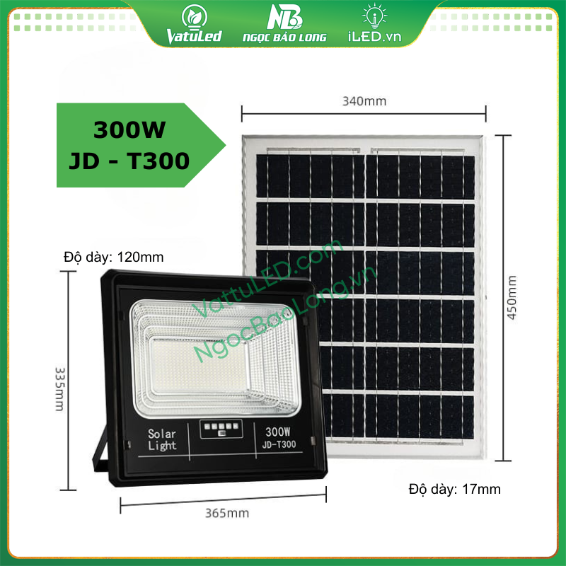 kích thước đèn pha năng lượng mặt trời 300w JD-T300 Jindian