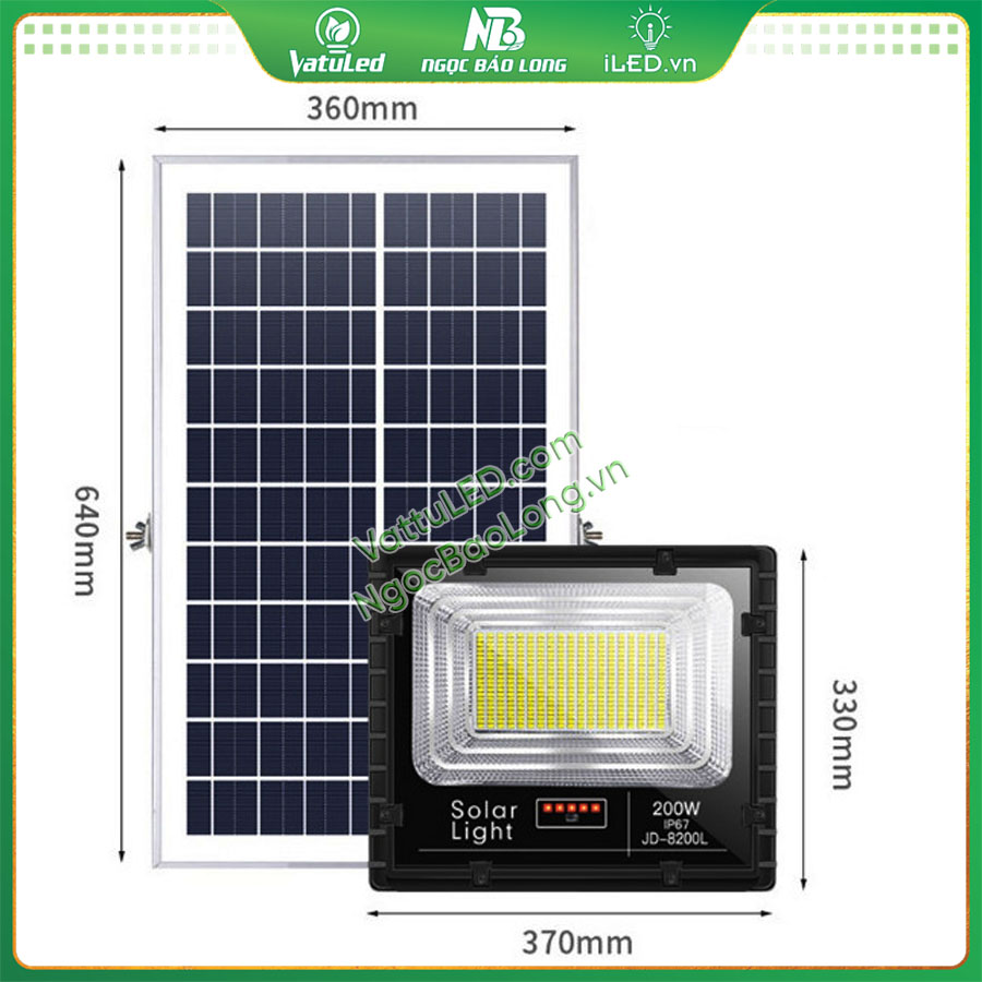 kích thước đèn pha năng lượng mặt trời 200w JD-8200L Jindian vỏ nhôm