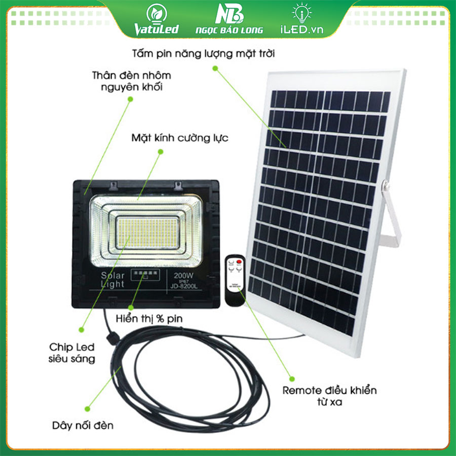 Bộ sản phẩm đèn pha năng lượng mặt trời 200W JD-8200L jindian