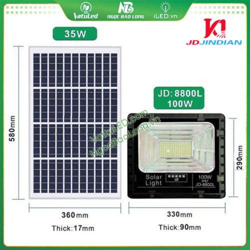 Đèn pha năng lượng mặt trời 100W JD-8800L Jindian Vỏ nhôm
