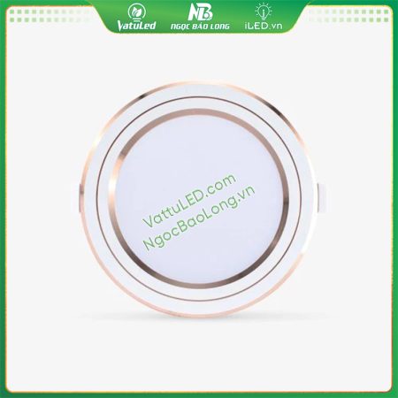 Mặt trước đèn LED âm trần Rạng Đông đổi màu 9W, thiết kế tròn, viền mạ vàng đẹp mắt.