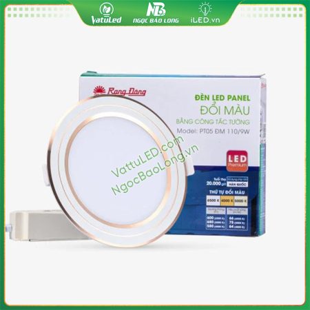 Hình ảnh sản phẩm đèn LED âm trần đổi màu Rạng Đông 110/9W kèm vỏ hộp thương hiệu.