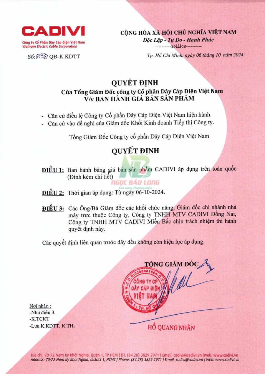 Giá bán sản phẩm dây Cáp điện Cadivi