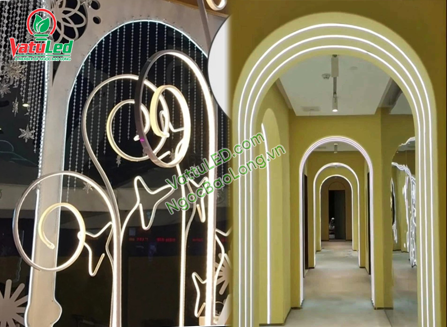 Ứng dụng thanh nhôm LED uốn cong trong tủ trưng bày nội thất showroom.